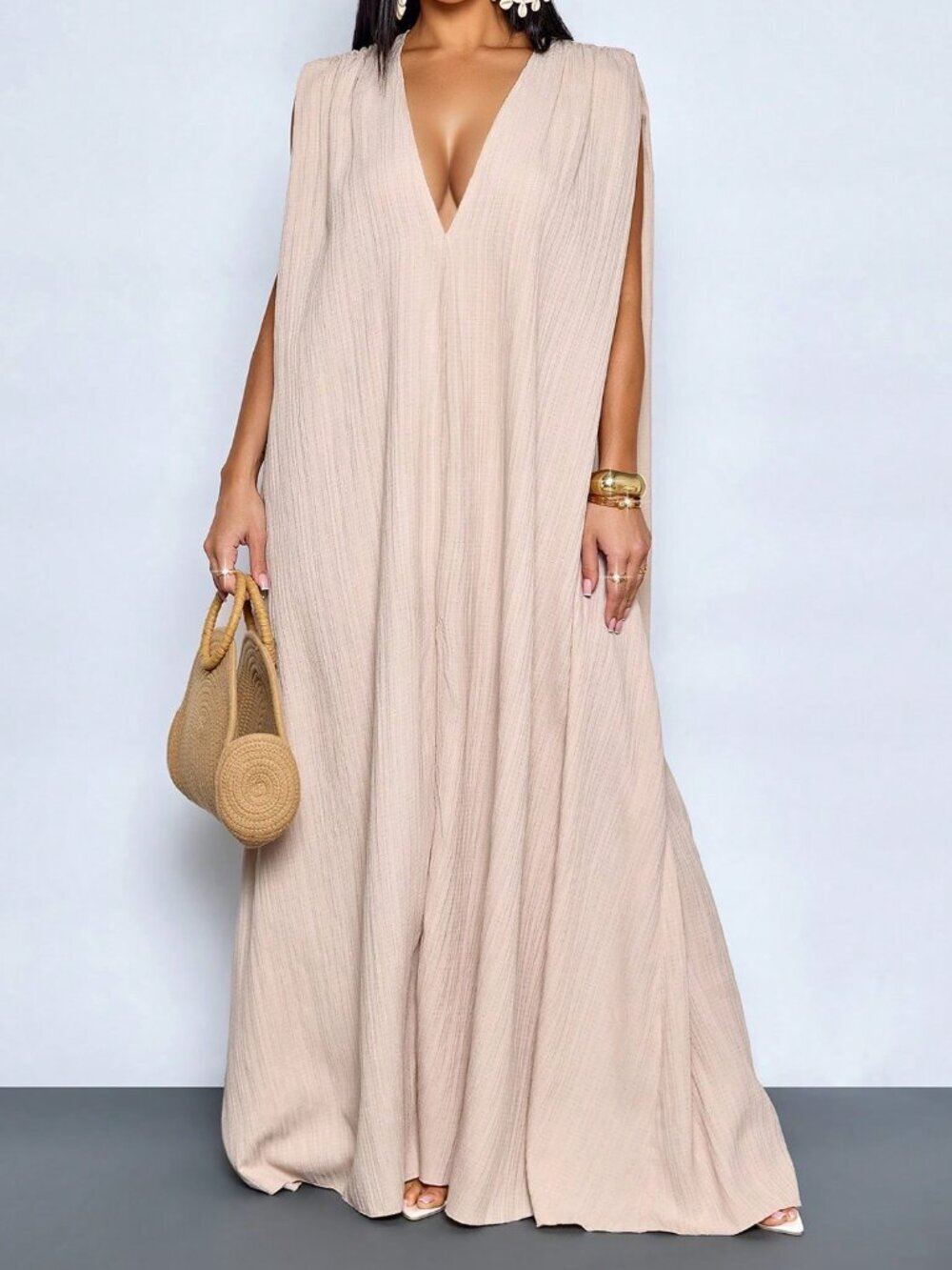 Khaki Boho Casual Women's Tropical Deep V Neck Backless Maxi Dress - Picture 8 of 8